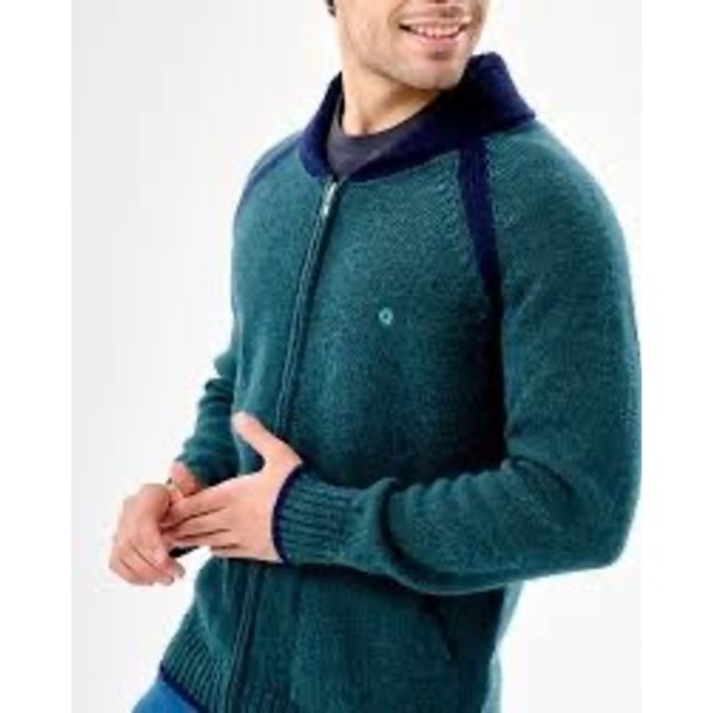 Mauro Sergio Luxury Teal Blue‎ Knit Zip Up Cardigan Sweater with Navy Trim XL